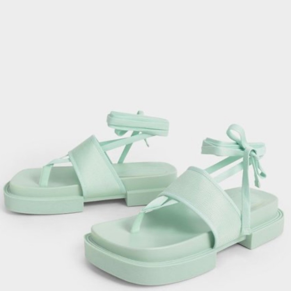 Charles & Keith Mint Green Platform Thong Sandals with Ankle Ties